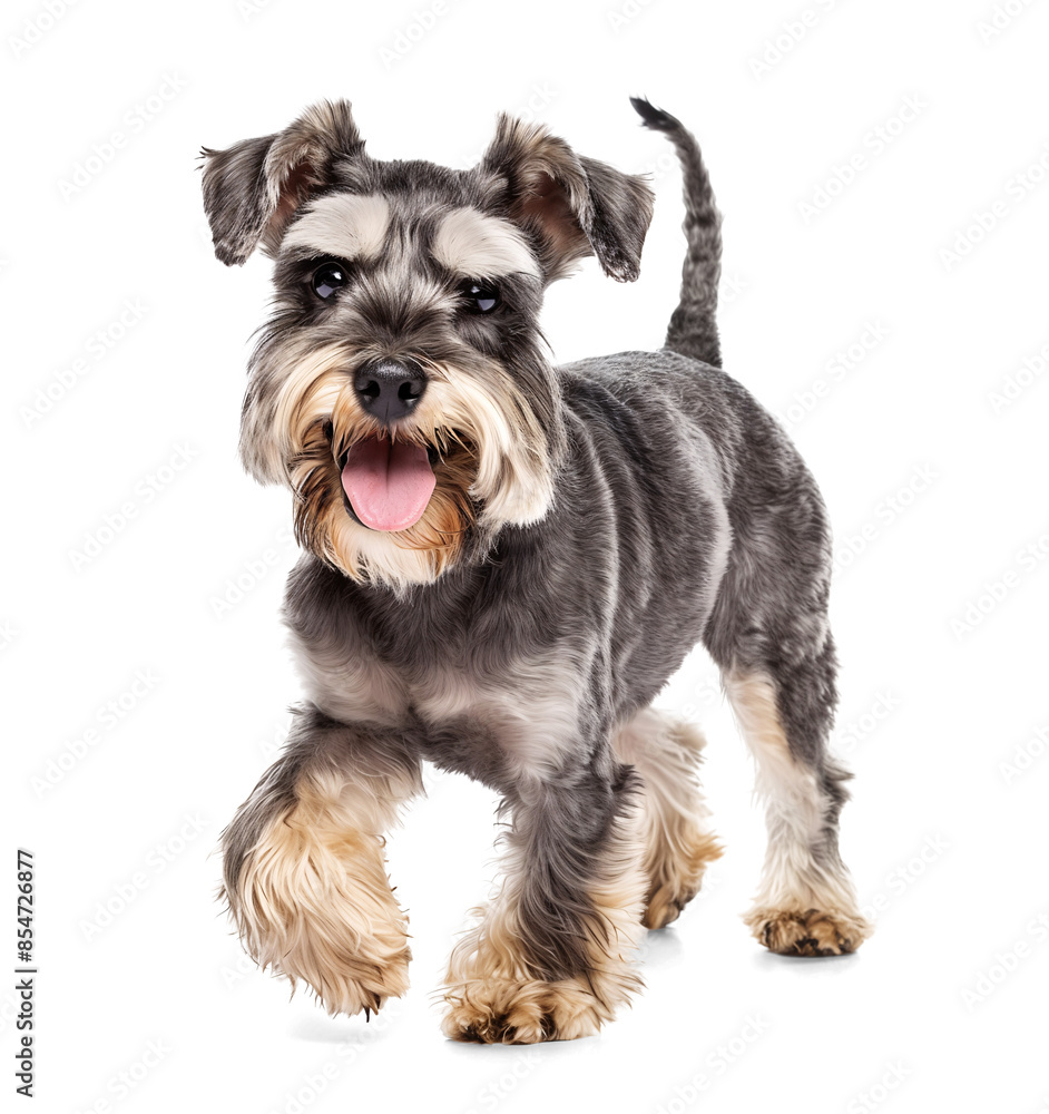 Cute Schnauzer dog in funny walking pose on isolated background Cute Schnauzer dog in funny walking pose on isolated background