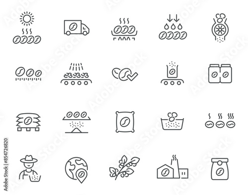 Coffee production process manufacture technology line art icon set vector illustration