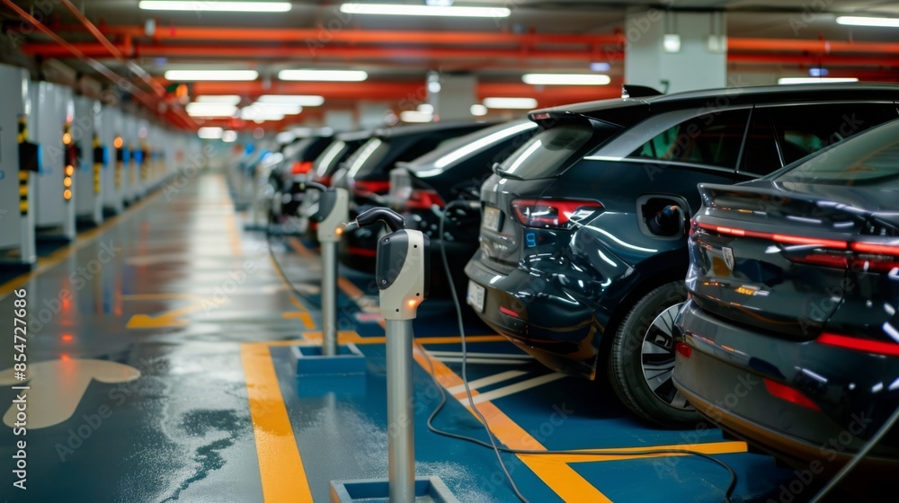 Many electric cars are charging in an underground garage, lined up in a row with charging stations attached. Yellow lines and arrows mark the floor, guiding drivers to their spots. Many electric cars are charging in an underground garage, lined up in a row with charging stations attached. Yellow lines and arrows mark the floor, guiding drivers to their spots.