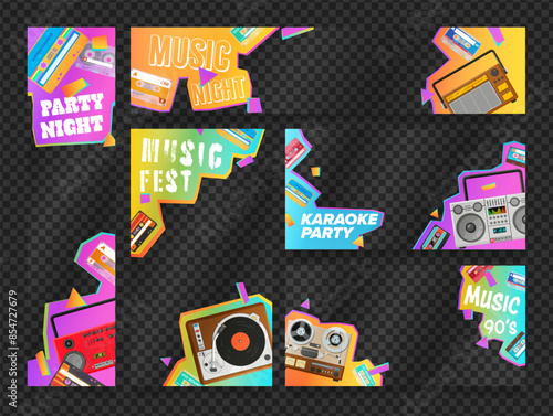 Retro music 90s night party banner mock up with transparent background set vector illustration