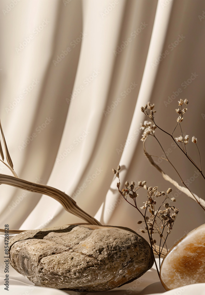 Empty stone podium for product display, featuring dried plants. Elegant minimalistic background Empty stone podium for product display, featuring dried plants. Elegant minimalistic background