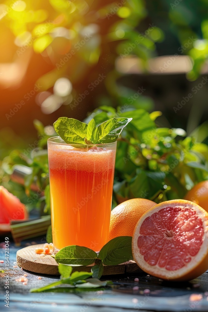 freshly squeezed grapefruit juice on the background of the garden. Selective focus freshly squeezed grapefruit juice on the background of the garden. Selective focus