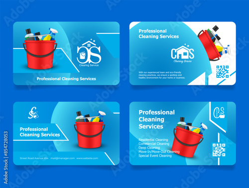 Professional cleaning service housekeeping company business card design template set vector