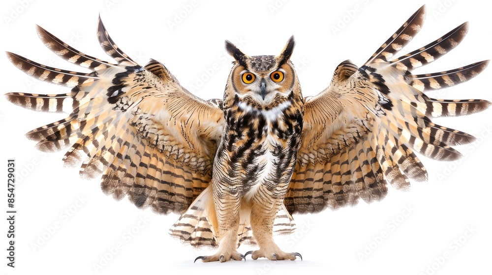 Eagle owl landing with wings open on white background Eagle owl landing with wings open on white background