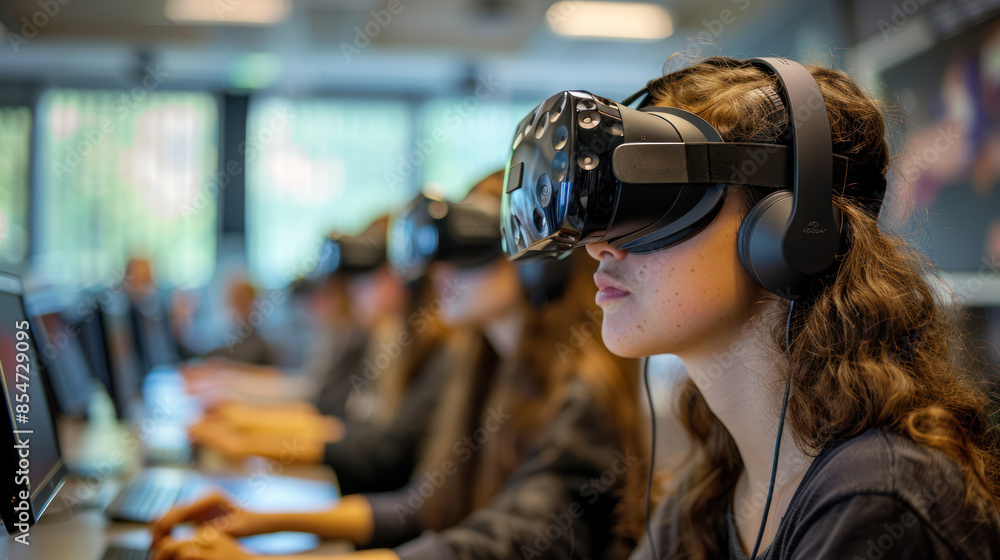 Students using VR headsets in a classroom, learning through immersive virtual simulations Students using VR headsets in a classroom, learning through immersive virtual simulations
