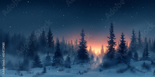 Snowy Forest at Twilight with Falling Snowflakes. Snowy forest landscape at twilight with falling snowflakes and a serene winter atmosphere. © Sergie