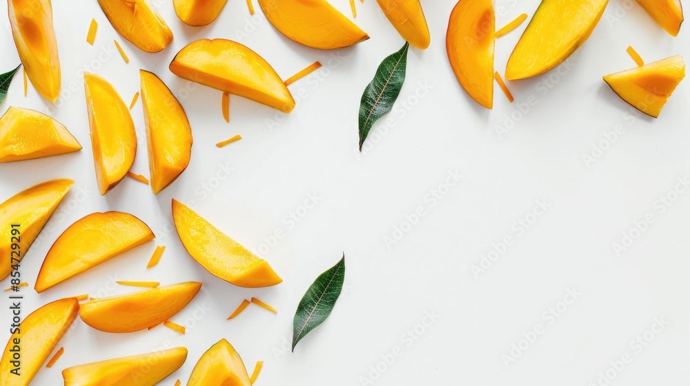 Top view of mango slices on white background with room for text Top view of mango slices on white background with room for text