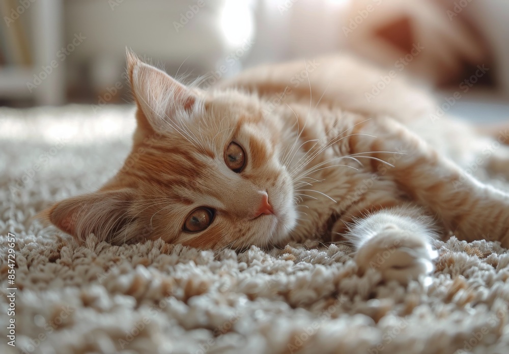 Obraz premium Orange Tabby Cat Napping on a Soft Carpet in a Home