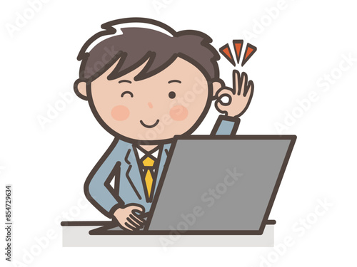 パソコン作業をしながらOKサインを出す男性ビジネスマンのイラスト