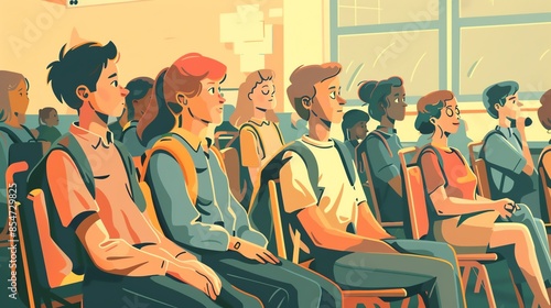 Shaming at a school assembly, flat design, side view, uncomfortable silence, cartoon drawing, Triadic Color Scheme photo