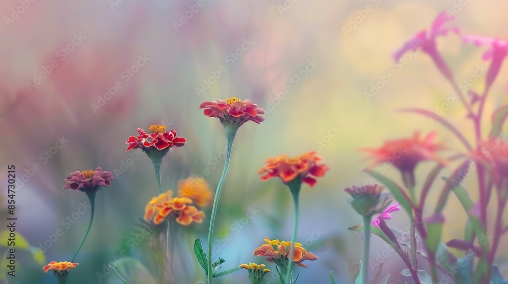Cluster of flowers in butterfly garden, close view, misty morning, soft focus, colorful palette, peaceful Cluster of flowers in butterfly garden, close view, misty morning, soft focus, colorful palette, peaceful