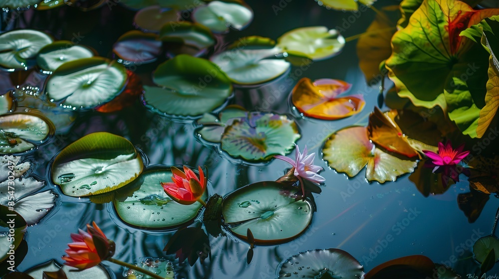 Close-up of water garden blooms, soft morning light, reflective water, vibrant colors, detailed Close-up of water garden blooms, soft morning light, reflective water, vibrant colors, detailed