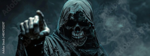 Hooded Figure With Skull Mask Pointing Finger in Dark Smoky Environment