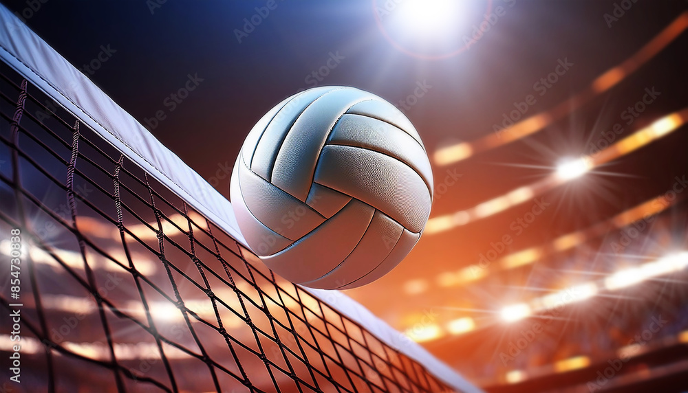 Close-up and bottom view of a white leather volleyball ball as it flies over the volleyball net viewed from below in a volleyball arena during an indoor match. Generative Ai. Close-up and bottom view of a white leather volleyball ball as it flies over the volleyball net viewed from below in a volleyball arena during an indoor match. Generative Ai.