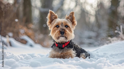 Small Yorkshire Terrier photographed in the snow wearing a red collar © AkuAku