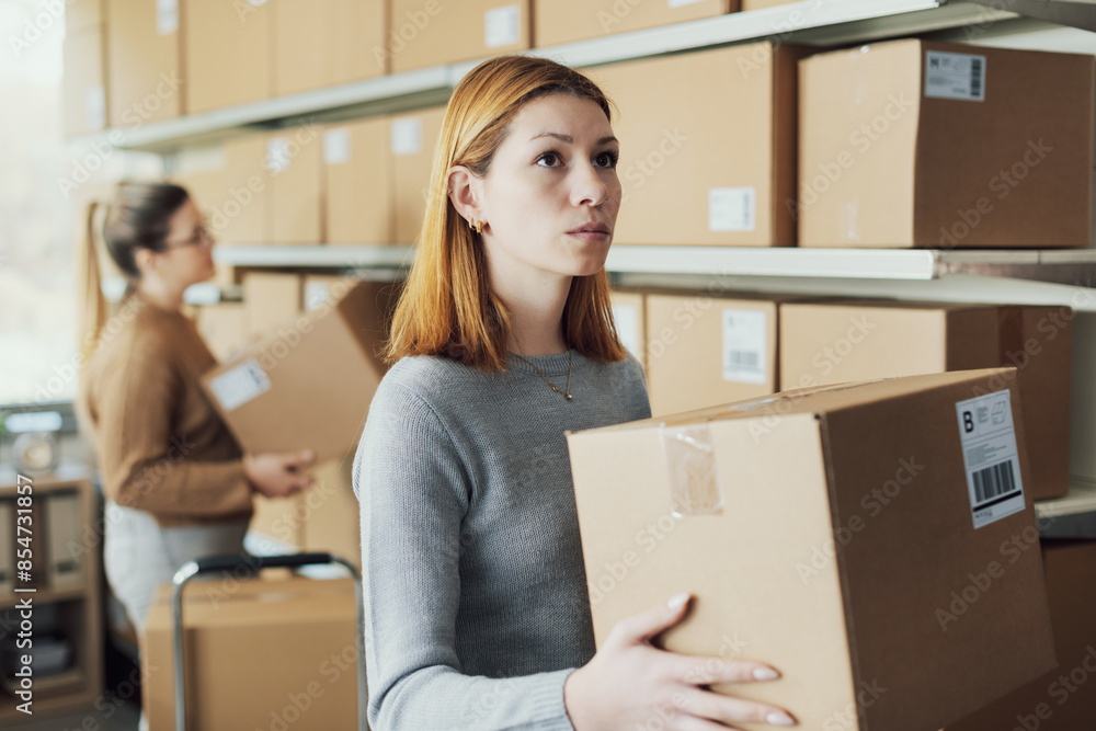 Woman moving delivery boxes in the warehouse Woman moving delivery boxes in the warehouse