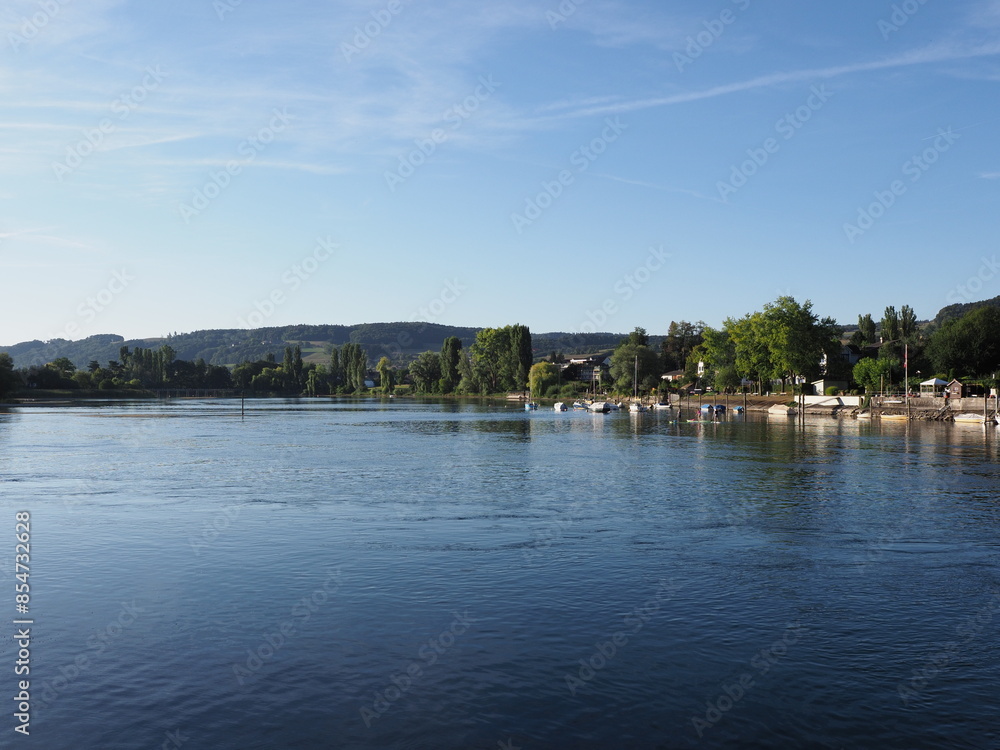 Riverside view to Rhine River in European STEIN AM RHEIN town in SWITZERLAND Riverside view to Rhine River in European STEIN AM RHEIN town in SWITZERLAND