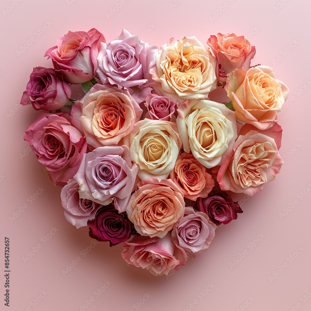 Bouquet of colorful roses in the shape of a heart on a pink background. Yellow, white, red, purple and pink roses. Bouquet of colorful roses in the shape of a heart on a pink background. Yellow, white, red, purple and pink roses.