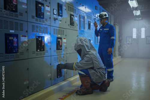 Electrical worker wearing arc flash suit protection is used to draw out a large circuit breaker.