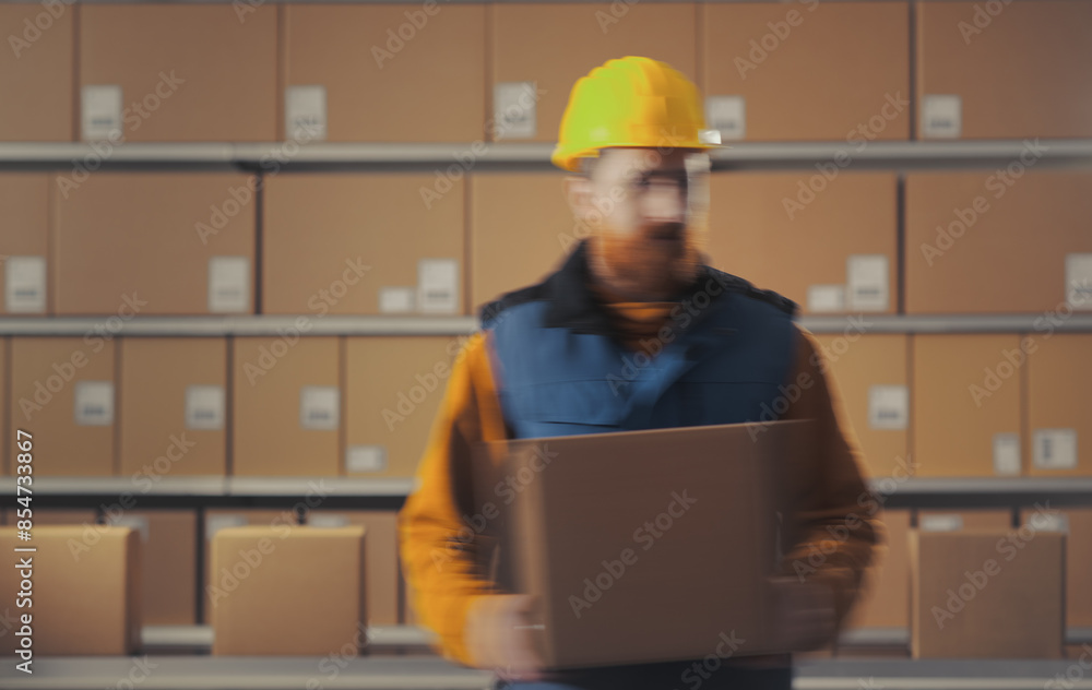 Warehouse worker and boxes on the conveyor belt Warehouse worker and boxes on the conveyor belt