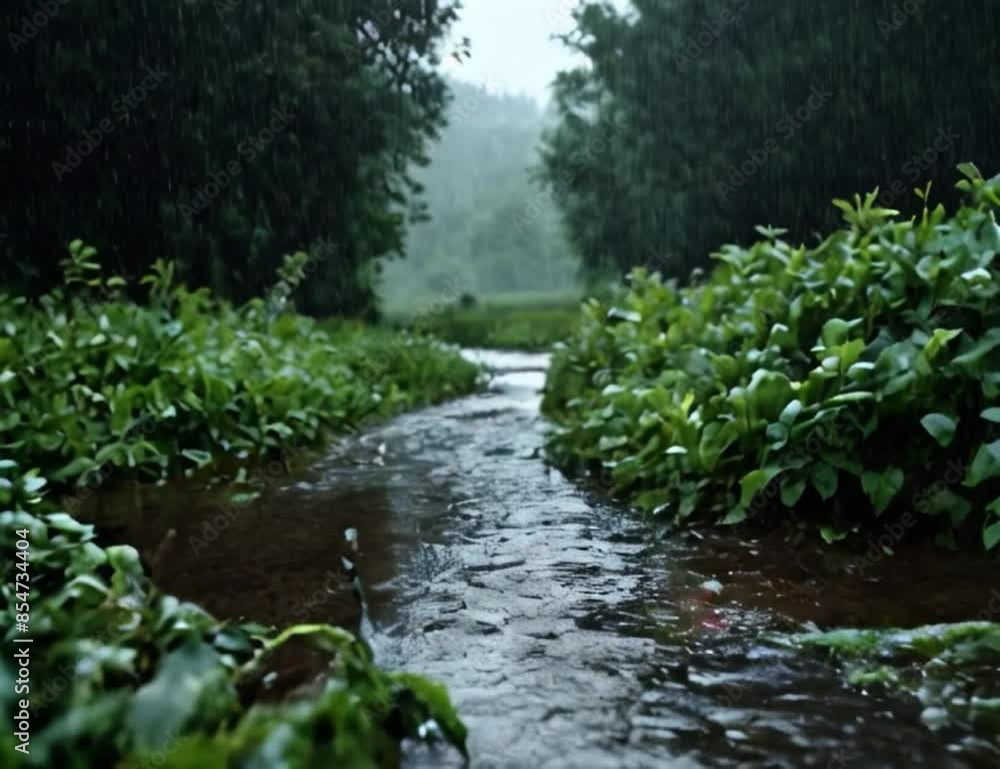 Stream in the forest in rain, river flowing though the woods during rain in monsoon, tiny stream of water in the woods during monsoon, eye pleasing soothing nature Generative AI Stream in the forest in rain, river flowing though the woods during rain in monsoon, tiny stream of water in the woods during monsoon, eye pleasing soothing nature Generative AI