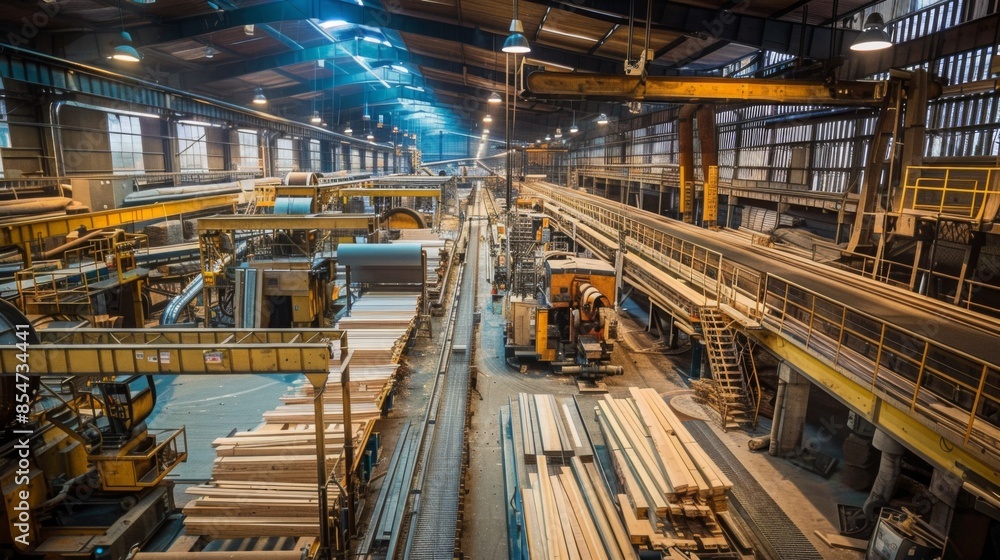A view from above of a wood processing factory with a long conveyor belt system transporting lumber. The factory is well-lit and has a variety of machinery and equipment. A view from above of a wood processing factory with a long conveyor belt system transporting lumber. The factory is well-lit and has a variety of machinery and equipment.