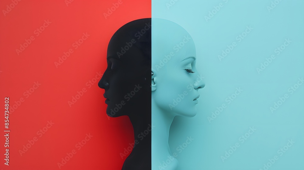 Abstract artistic composition featuring dual-color mannequin heads with contrasting red and blue backgrounds, representing duality and contrast. Abstract artistic composition featuring dual-color mannequin heads with contrasting red and blue backgrounds, representing duality and contrast.