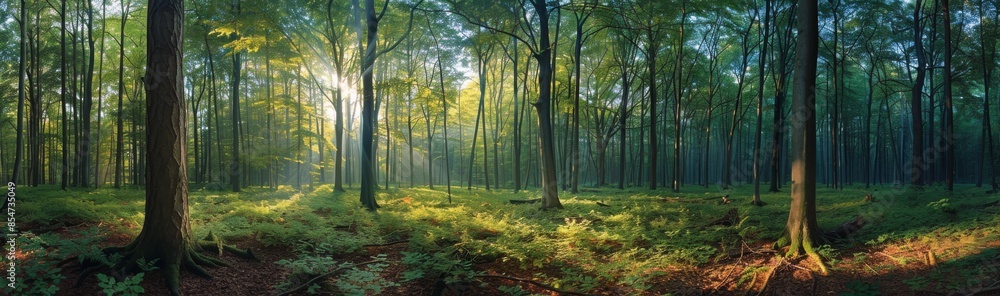 Obraz premium Sunbeams Shining Through Tall Trees in a Lush Green Forest