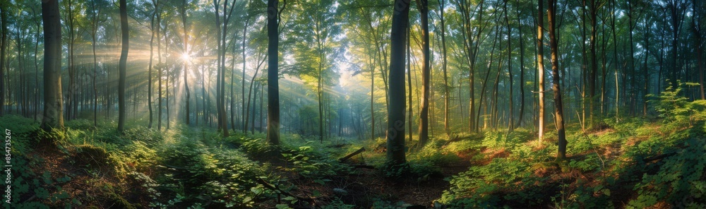 Sunbeams Shining Through Tall Trees in a Lush Green Forest Sunbeams Shining Through Tall Trees in a Lush Green Forest