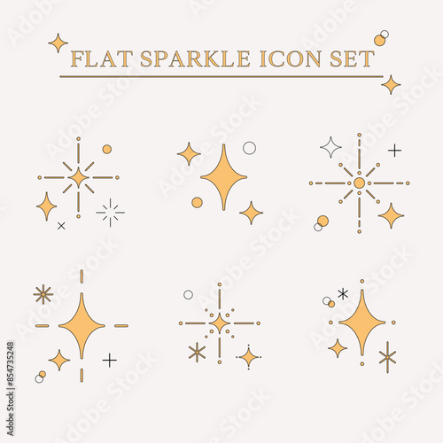 Cute flat simple minimal line illustration set of sparkle twinkle star icon elements. Manga cartoon style. For scrapbooking, graphic, social media, decoration