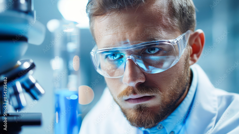 A close-up shot of a scientist wearing safety glasses, intently examining something in a laboratory setting A close-up shot of a scientist wearing safety glasses, intently examining something in a laboratory setting