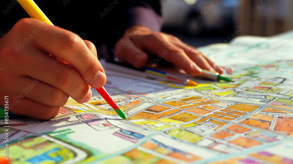 Urban planner analyzing city map and zoning areas with colored markers to strategize future developments. Urban planner analyzing city map and zoning areas with colored markers to strategize future developments.