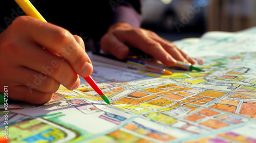 Fototapeta Naklejka Na Ścianę i Meble -  Urban planner analyzing city map and zoning areas with colored markers to strategize future developments.