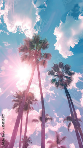 Palm trees against the background of the sun and sky, neon pink tinting, looking up. Vacation travel concept. Vertical orientation.
