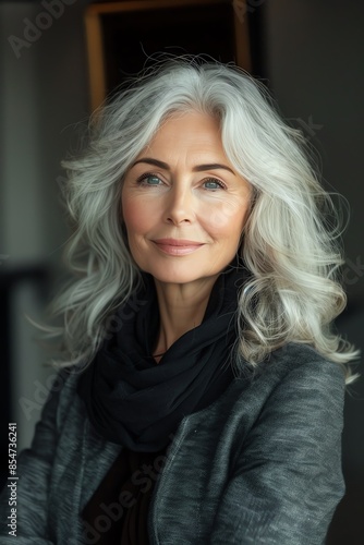 A sophisticated senior woman with elegant silver hair and a confident smile, exuding grace and life experience