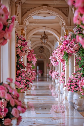 An elegant hall is lavishly decorated with lush pink flower arrangements, creating a luxurious and dreamy atmosphere for a grand event