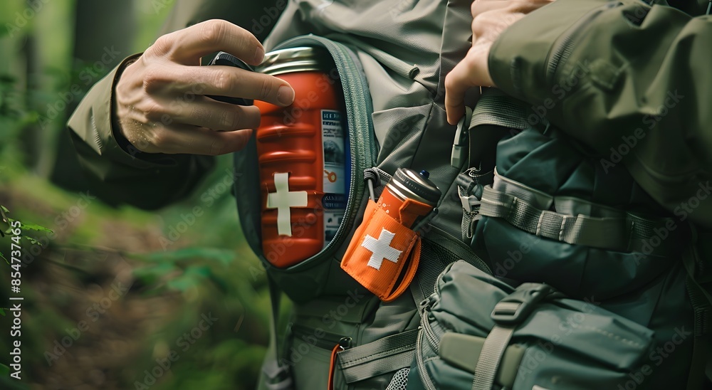 Closeup of Emergency First Aid Kit in Backpack Pocket for Hiking and Trekking. The concept of a first aid kit out of a backpack pocket, featuring camping equipment and a compact mini first aid kit. Closeup of Emergency First Aid Kit in Backpack Pocket for Hiking and Trekking. The concept of a first aid kit out of a backpack pocket, featuring camping equipment and a compact mini first aid kit.