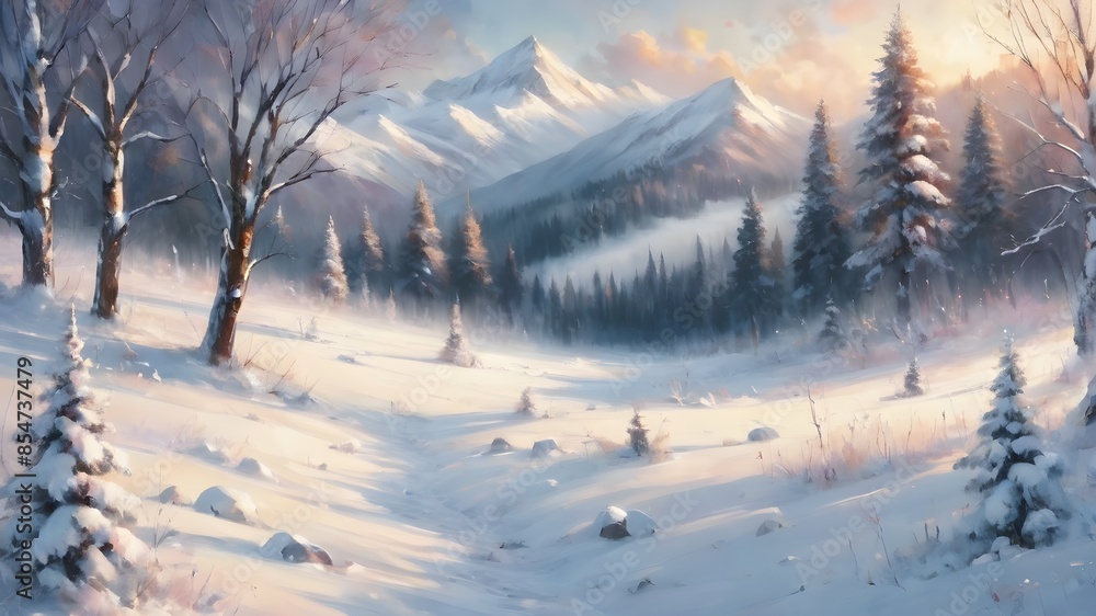 Fototapeta premium A snowy landscape with trees and mountains in the background. The trees are bare and the snow is covering the ground. Scene is peaceful and serene, with the snow creating a sense of calmness