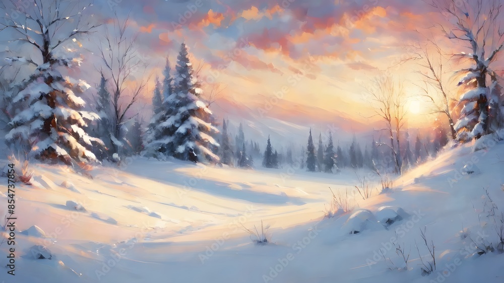 Fototapeta premium A snowy landscape with trees and mountains in the background. The trees are bare and the snow is covering the ground. Scene is peaceful and serene, with the snow creating a sense of calmness