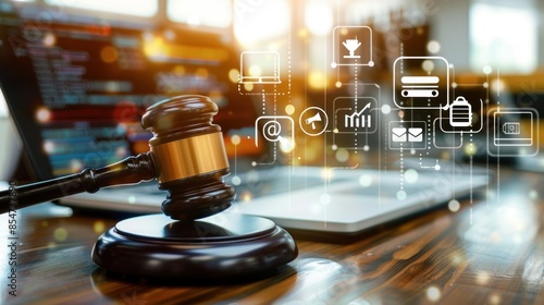 Smart law, legal advice icons, and lawyers working on a laptop computer with tools in the lawyers' office show the concept of digital law and online technology of astute law and regulations.