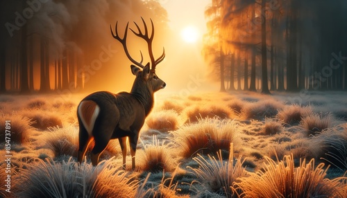 An image of a Pudu with large antlers standing in a frosty field at sunrise photo