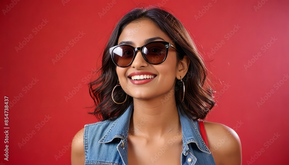 Close-up of a stylish young Indian woman in sunglasses smiling in short clothes on a red background. Beautiful female model with copy space. professional photography Close-up of a stylish young Indian woman in sunglasses smiling in short clothes on a red background. Beautiful female model with copy space. professional photography