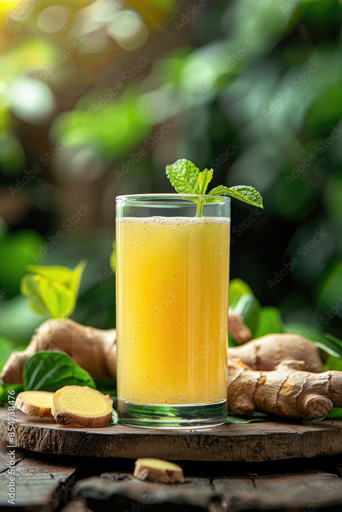 freshly squeezed ginger juice on the background of the garden. Selective focus freshly squeezed ginger juice on the background of the garden. Selective focus