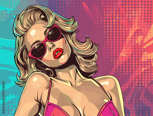 Pop art beautiful blonde woman in pin up style. Vector illustration