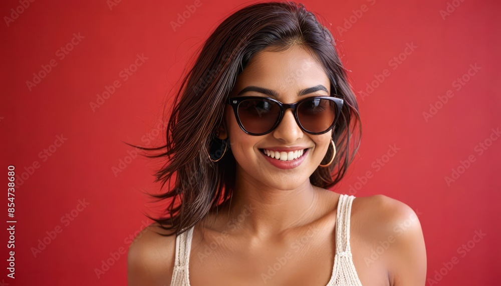 Close-up of a stylish young Indian woman in sunglasses smiling in short clothes on a red background. Beautiful female model with copy space. professional photography Close-up of a stylish young Indian woman in sunglasses smiling in short clothes on a red background. Beautiful female model with copy space. professional photography