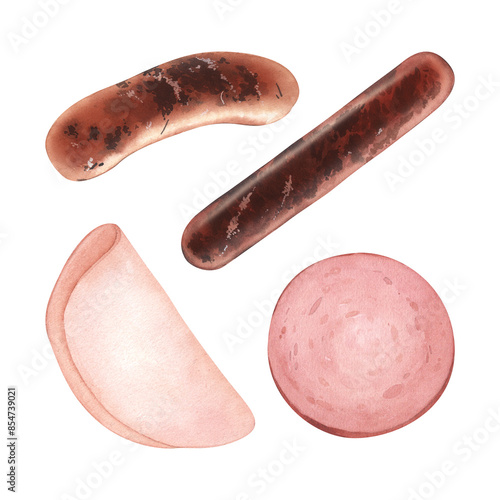 Meat products. Fried sausages and sausages. Sliced sausage and ham, kupaty. Watercolor illustration. Picnic food. Snack for grilling with beer. For background design, packaging, menu, banner