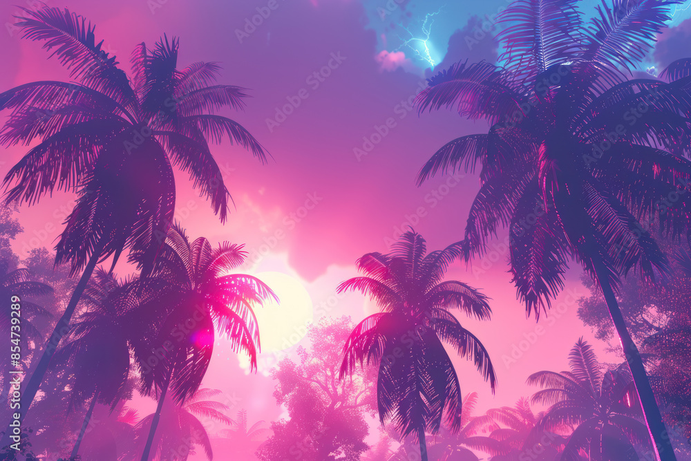 Tall palm trees of bright neon colors against the sky. Creative trendy summer tropical background. Vacation travel concept. Tall palm trees of bright neon colors against the sky. Creative trendy summer tropical background. Vacation travel concept.