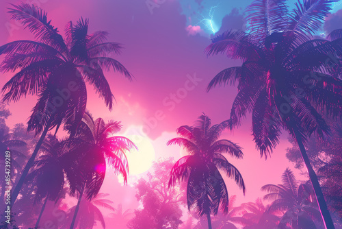 Tall palm trees of bright neon colors against the sky. Creative trendy summer tropical background. Vacation travel concept.