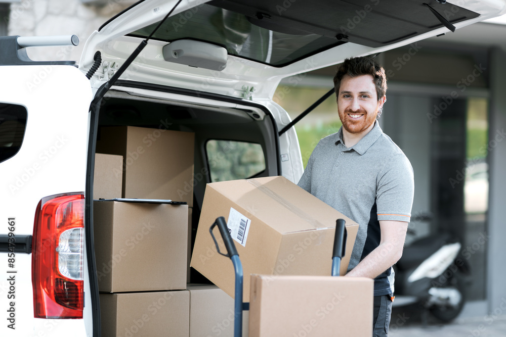Professional delivery man loading packages on a hand truck Professional delivery man loading packages on a hand truck