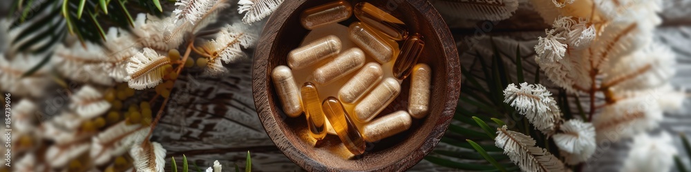 Herbal capsules from herbs on rustic wooden table with leaf for healthy lifestyle Herbal capsules from herbs on rustic wooden table with leaf for healthy lifestyle